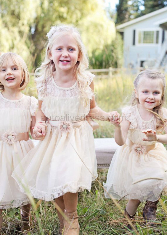 Ivory Chiffon Lace Trimmed Vintage Flower Girl Dress